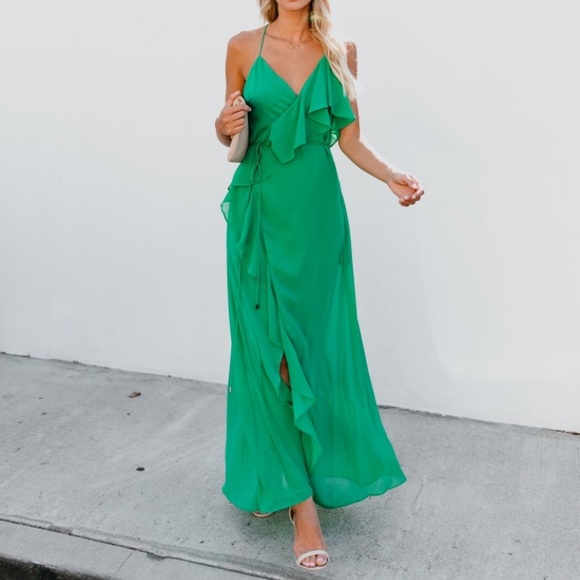 green ruffle wrap dress